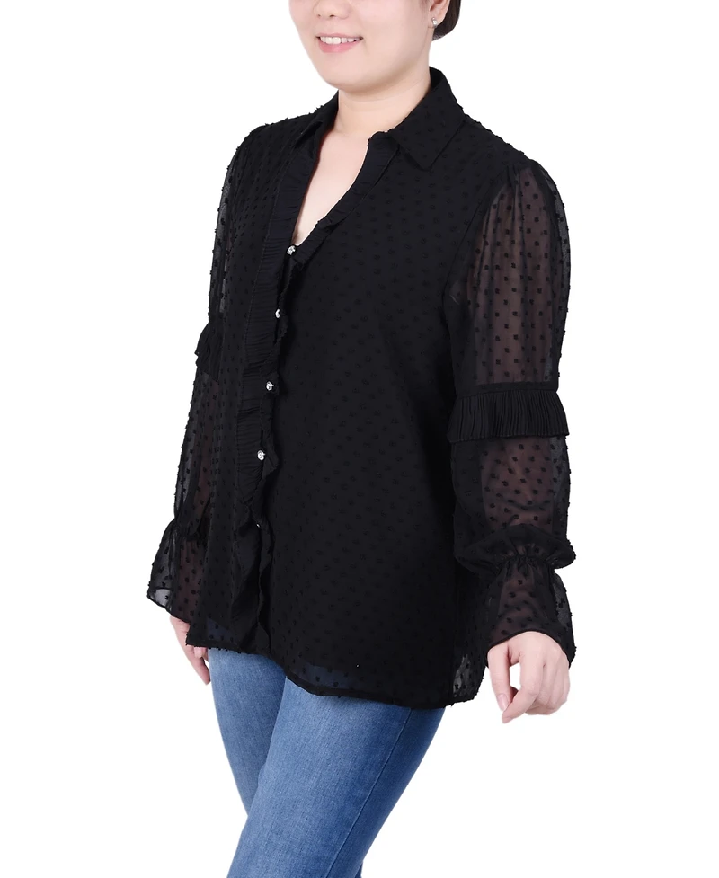 Ny Collection Petite Long Sleeve Dotted Chiffon Blouse
