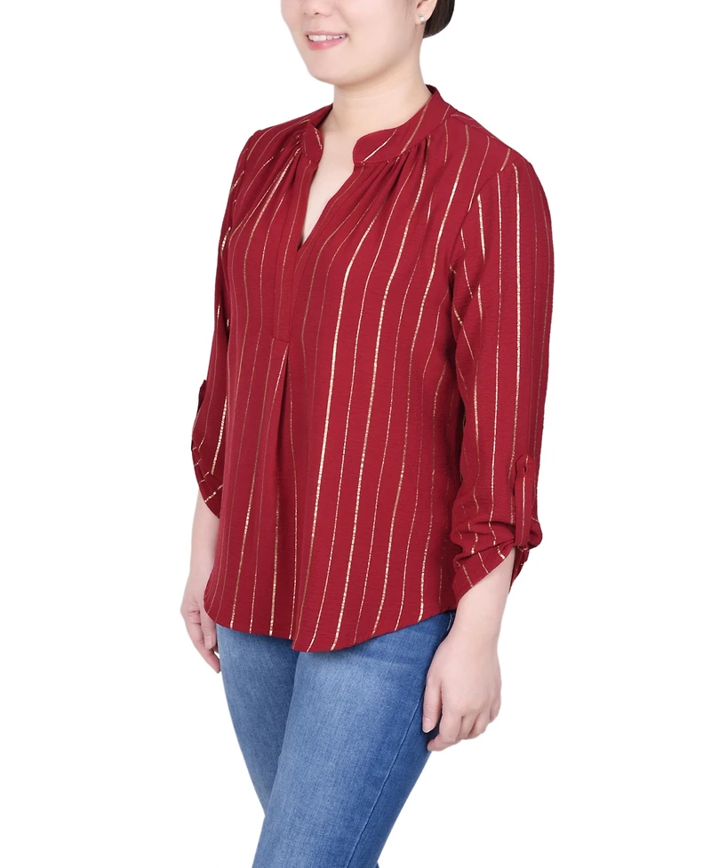 Ny Collection Petite Long Sleeve Foil Striped Blouse