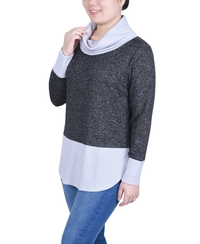 Ny Collection Petite Long Sleeve Cowl Neck Colorblocked Top