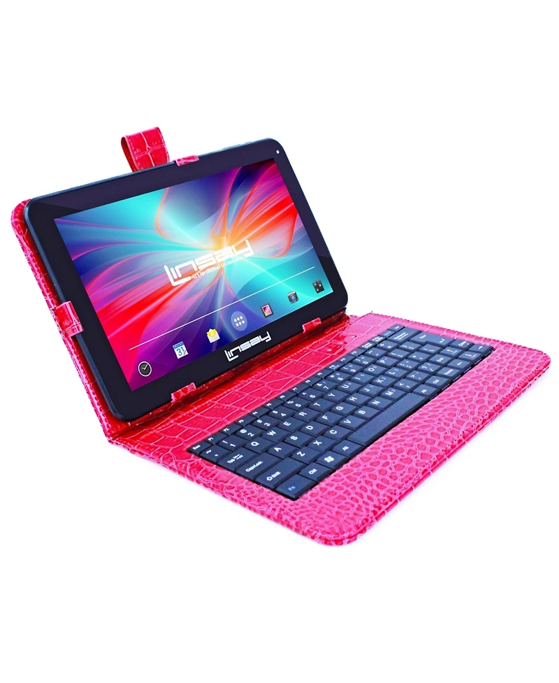 New Linsay 10.1" Tablet Octa Core 128GB with Exclusive Luxury Red Crocodile Style Keyboard Newest Android 14