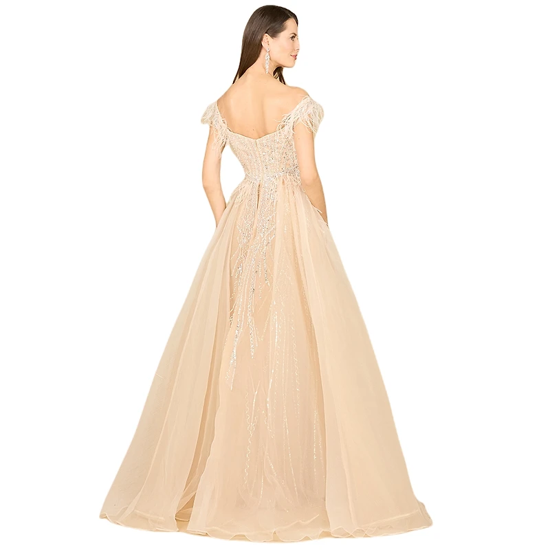 Lara Women's Off Shoulder Gown with Feathers
