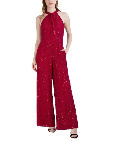 julia jordan Women's Sequin-Lace Halter Twist-Neck Jumpsuit