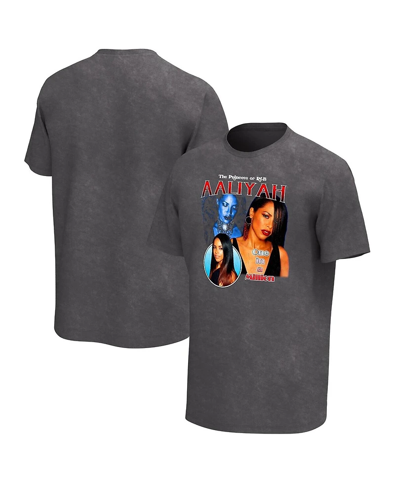 Men's Black Distressed Aaliyah Collage Washed Graphic T-shirt
