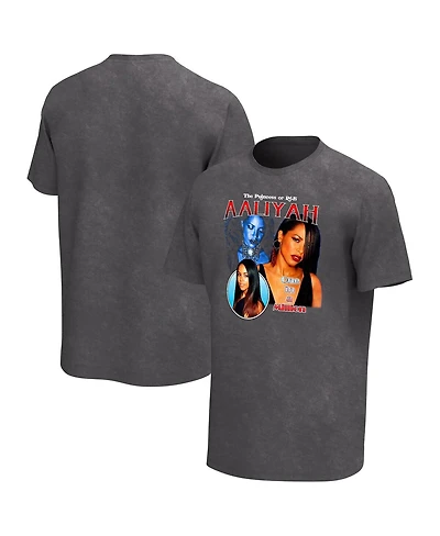 Men's Black Distressed Aaliyah Collage Washed Graphic T-shirt