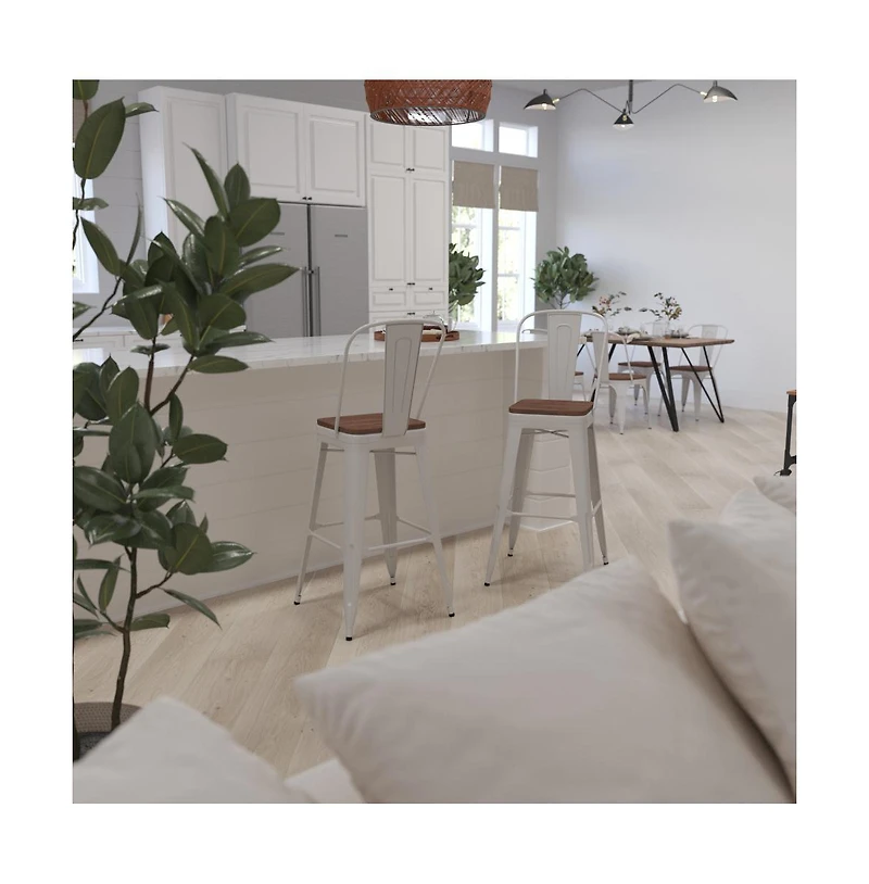 Donnelly Metal Dining Stool With Curved Slatted Back And Textured Wood Seat