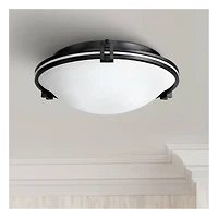 Possini Euro Design Deco Modern Close To Ceiling Light Flush Mount Fixture 16 3/4" Wide Oil Rubbed Bronze Marbleized Glass Bowl Shade for Bedroom Hall