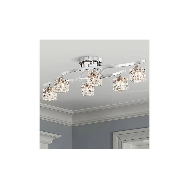 Possini Euro Design Modern Ceiling Light Semi Flush Mount Fixture 30 1/2" Wide Chrome 6-Light Clear Glass Crystal Cube Shades for Bedroom Kitchen