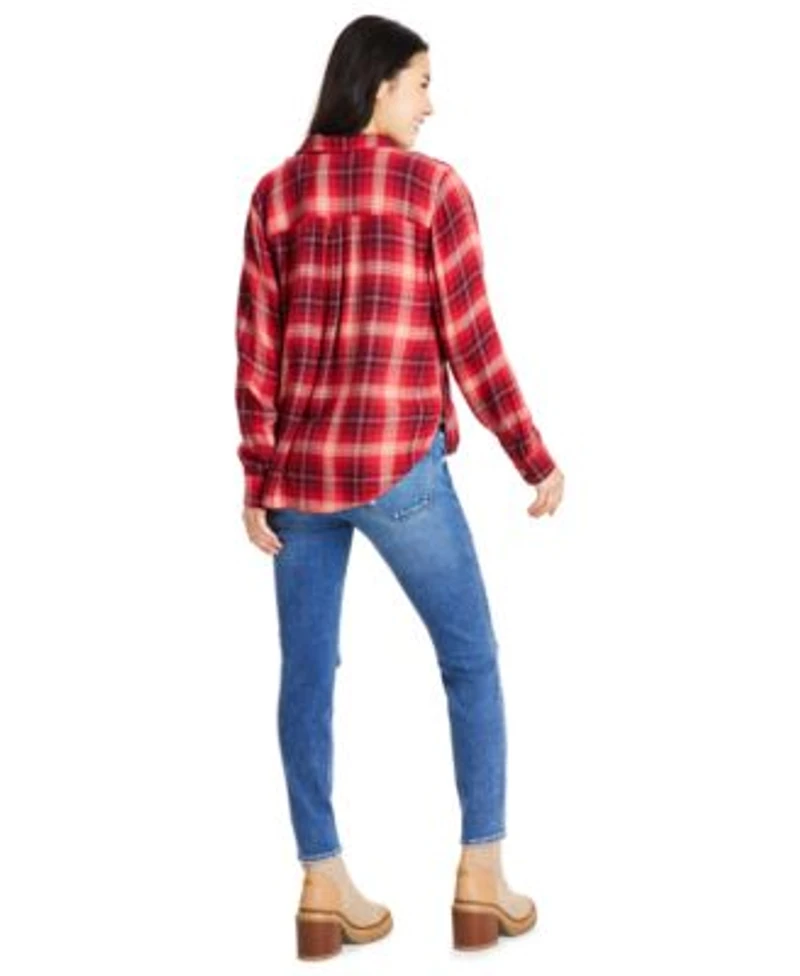 Lucky Brand Womens Cotton Rolling Stones Boyfriend Tee Cloud Plaid Boyfriend Shirt Ava Mid Rise Ripped Skinny Jeans