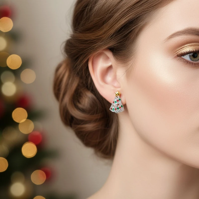 Bling Jewelry Holiday Golden Star Winter Red Green Cubic Zirconia Cz Sparkly Christmas Tree Stud Earrings