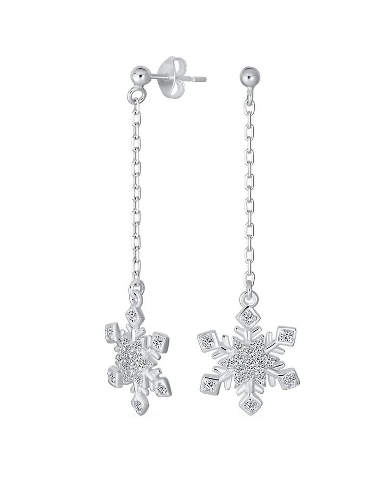 Bling Jewelry Christmas Cubic Zirconia Frozen Winter Holiday Party Linear Chain Pave Cz Snowflake Dangle Earrings Sterling Silver