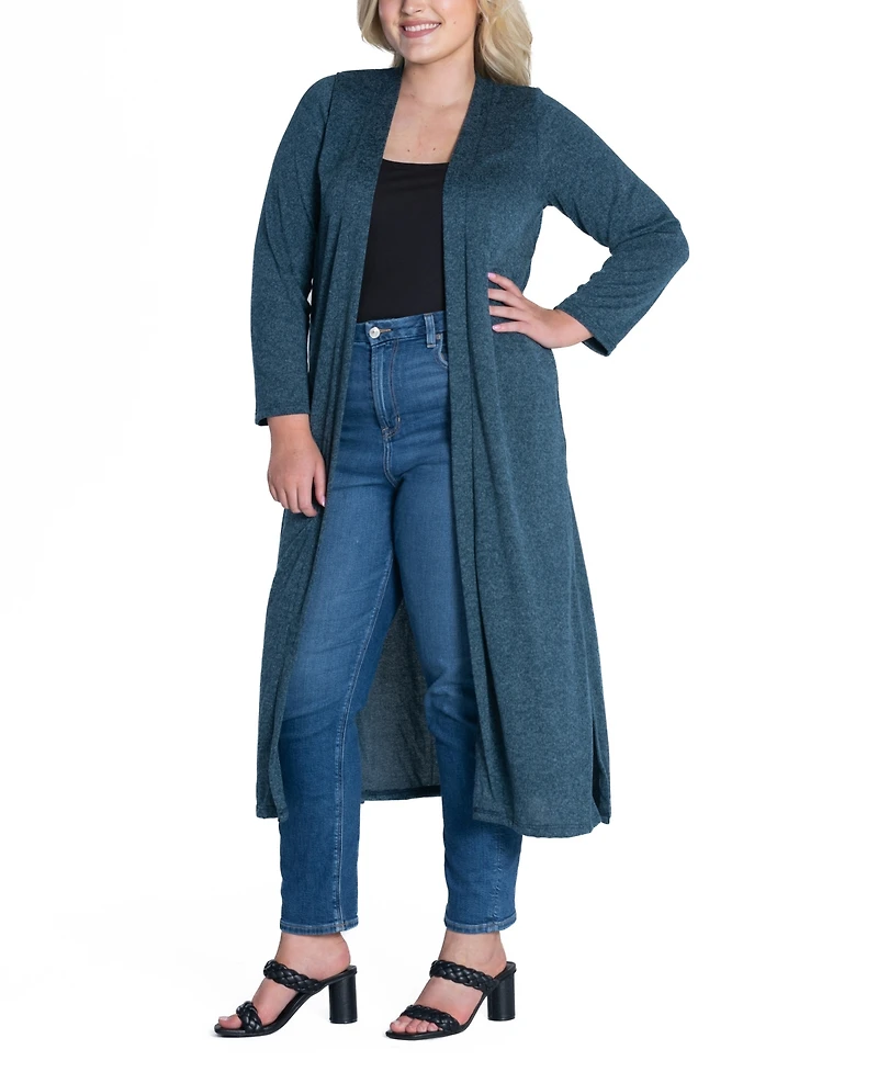 24seven Comfort Apparel Plus Size Long Duster Open Front Knit Cardigan Sweater