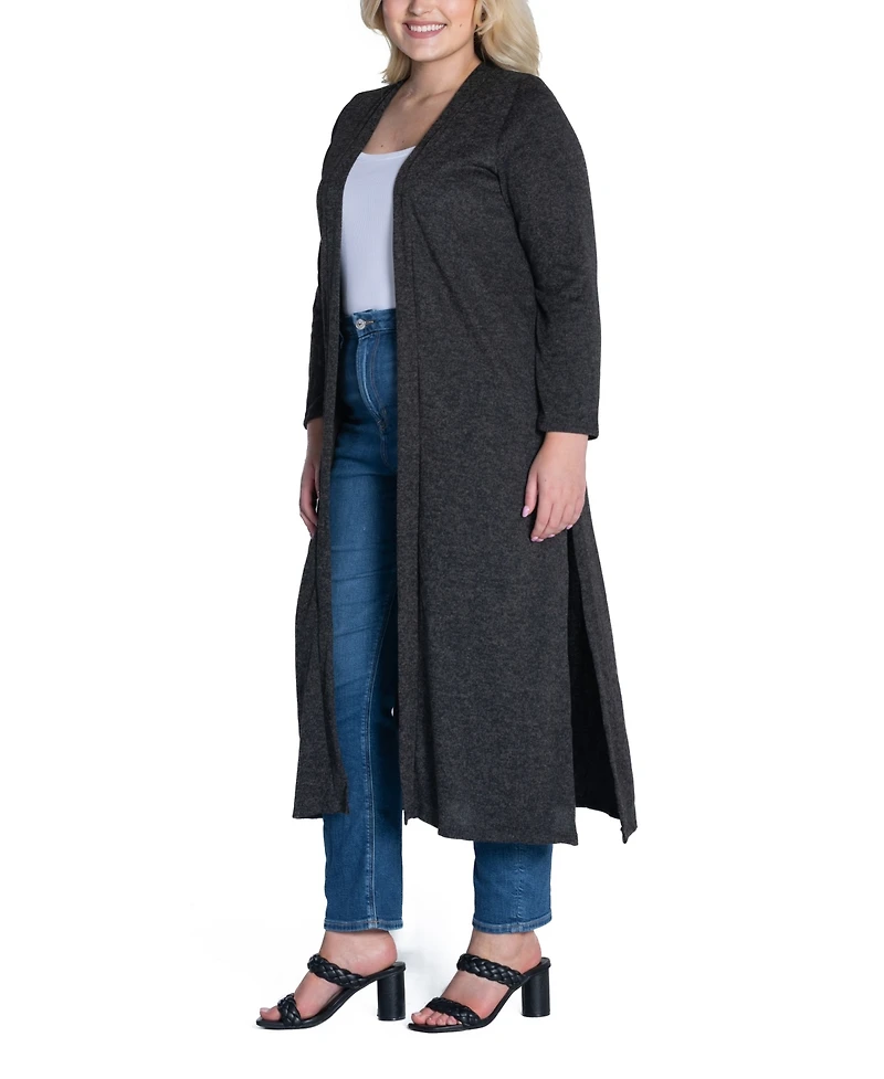 24seven Comfort Apparel Plus Long Duster Open Front Knit Cardigan Sweater