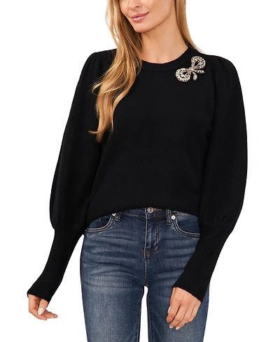 CeCe Women's Rhinestone Bow Crew Neck Sweater