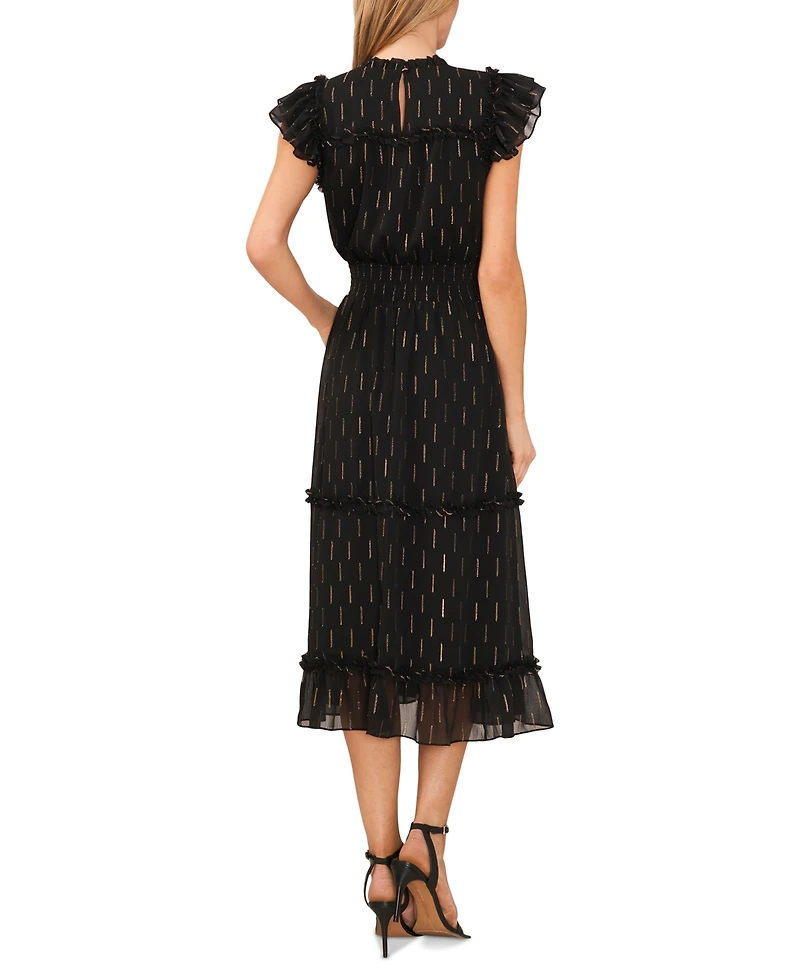 CeCe Women's Metallic Print Ruffled Smocked Waist Midi Dress