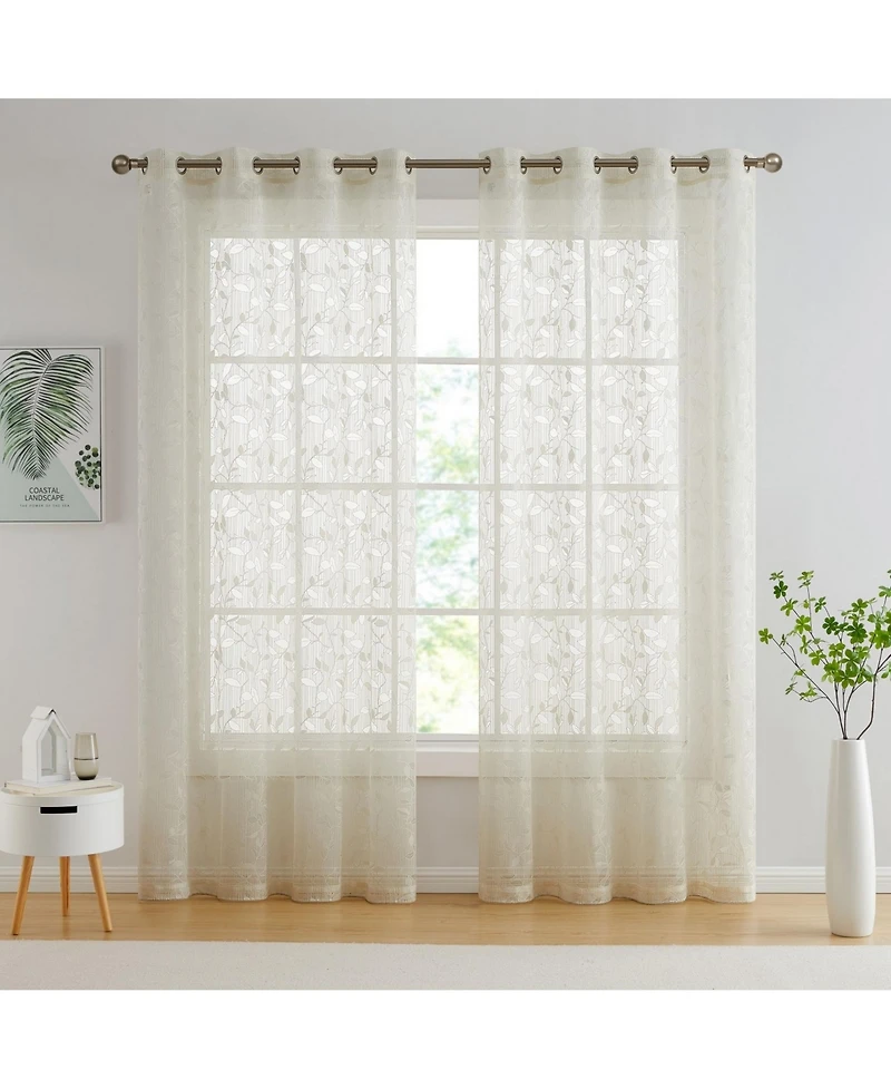 Hlc.me Joyce Floral Decorative Semi Sheer Light Filtering Grommet Window Treatment Curtain Drapery Panels for Bedroom & Living Room