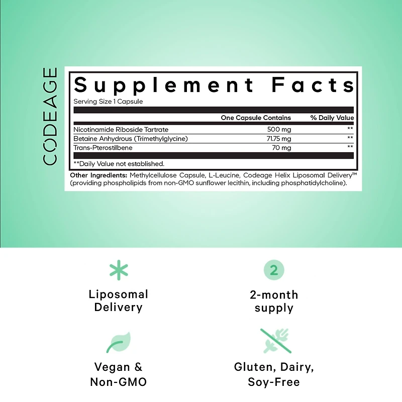 Codeage Liposomal Nicotinamide Riboside+ Supplement - 500 mg Nicotinamide Riboside - Betaine Anhydrous, Trans-Pterostilbene