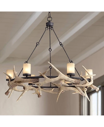 Franklin Iron Works Antler Lodge Black Large Round Chandelier 36 3/4" Wide Natural Country Cottage Rustic Led Woven Deer Horn 6-Light Fixture Dining R