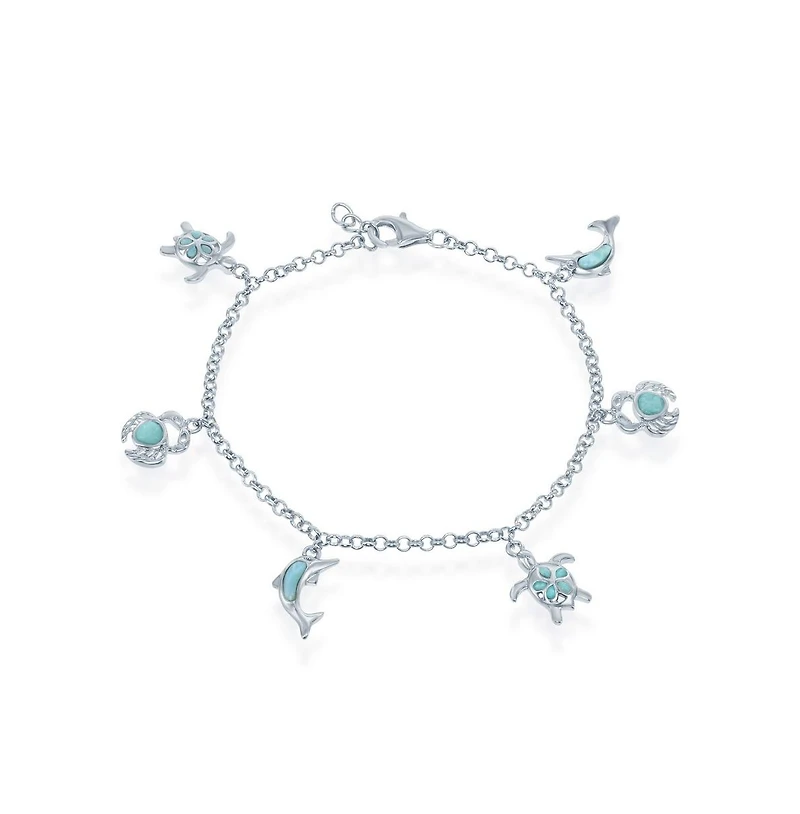 Sterling Silver Larimar Turtle, Crab and Dolphin Charms Bracelet