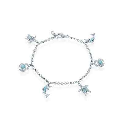 Sterling Silver Larimar Turtle, Crab and Dolphin Charms Bracelet