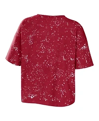 Women's Wear by Erin Andrews Crimson Oklahoma Sooners Bleach Wash Splatter Cropped Notch Neck T-shirt