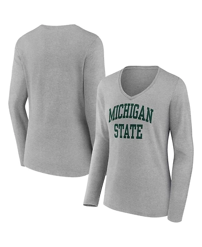 Women's Fanatics Heather Gray Michigan State Spartans Basic Arch Long Sleeve V-Neck T-shirt