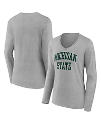 Women's Fanatics Heather Gray Michigan State Spartans Basic Arch Long Sleeve V-Neck T-shirt