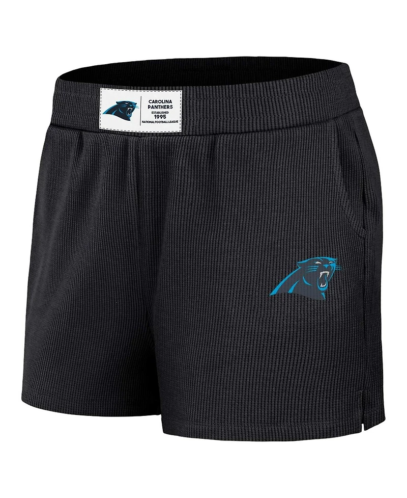 Women's Wear by Erin Andrews Black Distressed Carolina Panthers Waffle Knit Long Sleeve T-shirt and Shorts Lounge Set