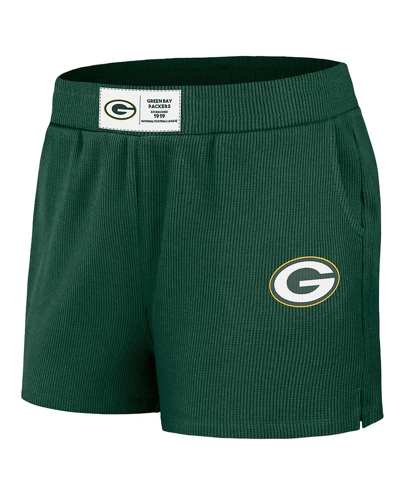 Women's Wear by Erin Andrews Green Distressed Green Green Bay Packers Waffle Knit Long Sleeve T-shirt and Shorts Lounge Set