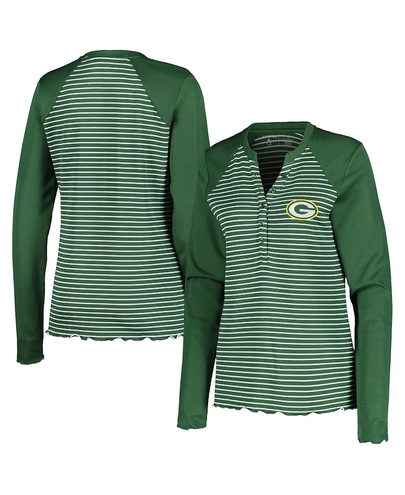 Women's Antigua Green Bay Packers Maverick Waffle Henley Long Sleeve T-shirt