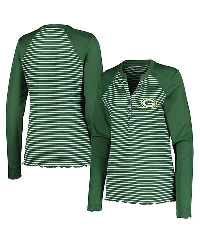 Women's Antigua Green Bay Packers Maverick Waffle Henley Long Sleeve T-shirt