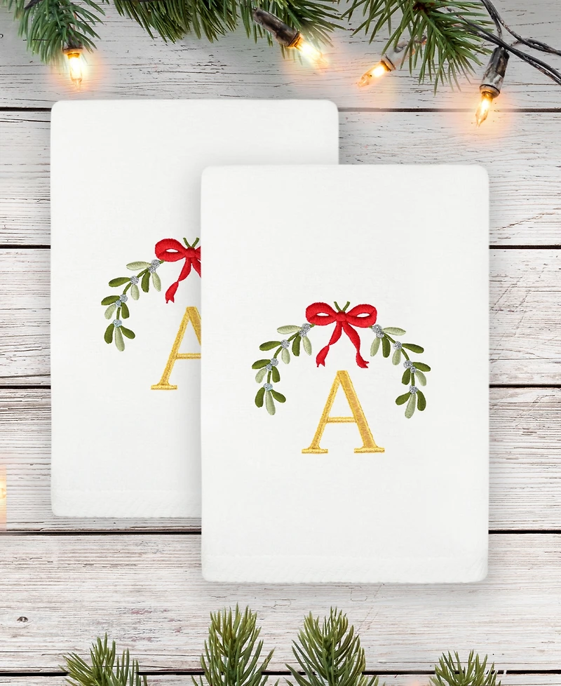 Linum Home Christmas Mistletoe Monogram White Embroidered Luxury Turkish Cotton Hand Towels, 2 Piece Set