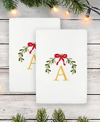 Linum Home Christmas Mistletoe Monogram White Embroidered Luxury Turkish Cotton Hand Towels, 2 Piece Set