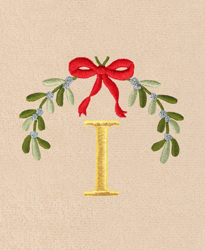 Linum Home Christmas Mistletoe Monogram Beige Embroidered Luxury Turkish Cotton Hand Towels, 2 Piece Set