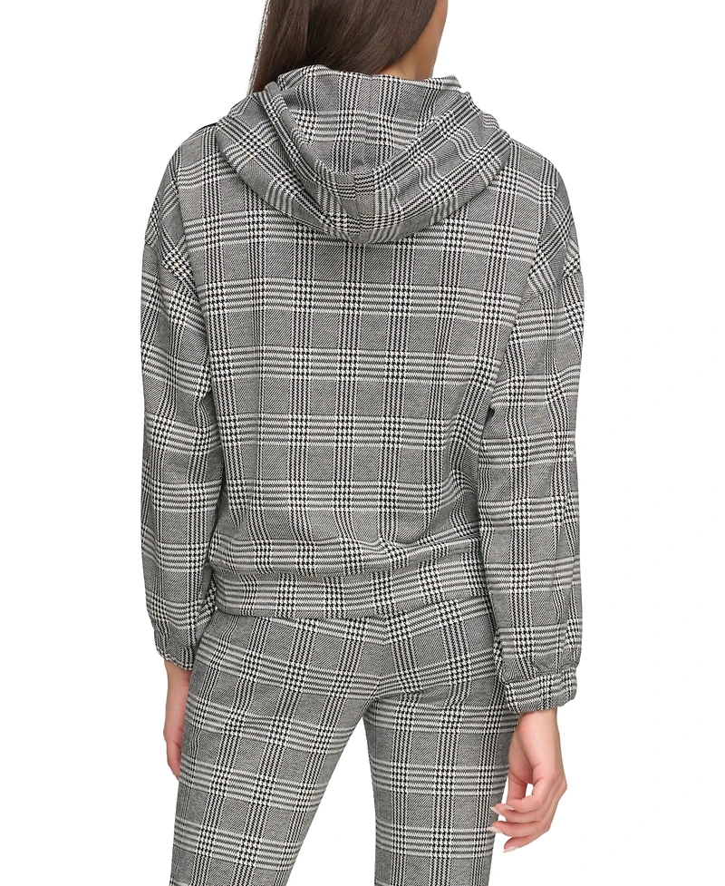 Andrew Marc Sport Women's Double Knit Glenplaid Hoodie Sweatshirt with Piping Sleeve Detail