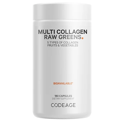 Codeage Multi Collagen Protein + Organic Raw Greens Superfood Capsules Supplement, 21 Fruits & Veggies, Grass-Fed Hydrolyzed Collagen Peptides, 5 Type