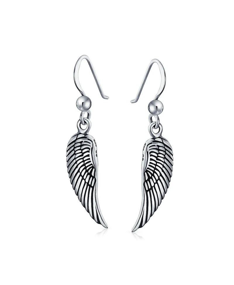 Bling Jewelry Amulet Spiritual Guardian Angel Wings Feather Dangle Earrings Oxidized Sterling Silver Fish Hook
