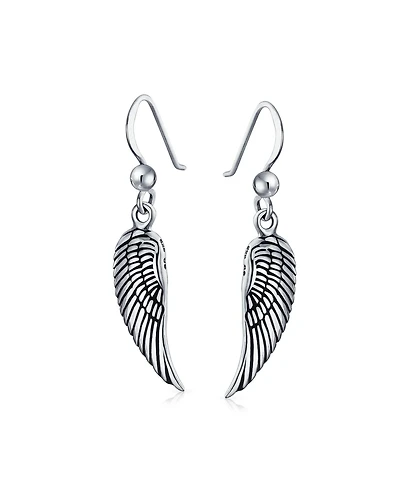 Bling Jewelry Amulet Spiritual Guardian Angel Wings Feather Dangle Earrings Oxidized Sterling Silver Fish Hook