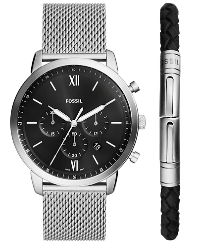 Fossil Men's Neutra Chronograph Silver-Tone Stainless Steel Mesh Watch 44mm and Bracelet Box Gift Set