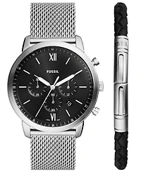 Fossil Men's Neutra Chronograph Silver-Tone Stainless Steel Mesh Watch 44mm and Bracelet Box Gift Set