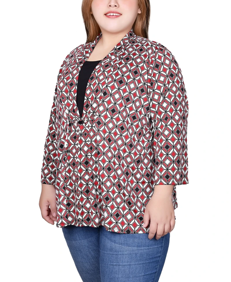 Ny Collection Plus Puff Print 3/4 Sleeve 2-Fer Top