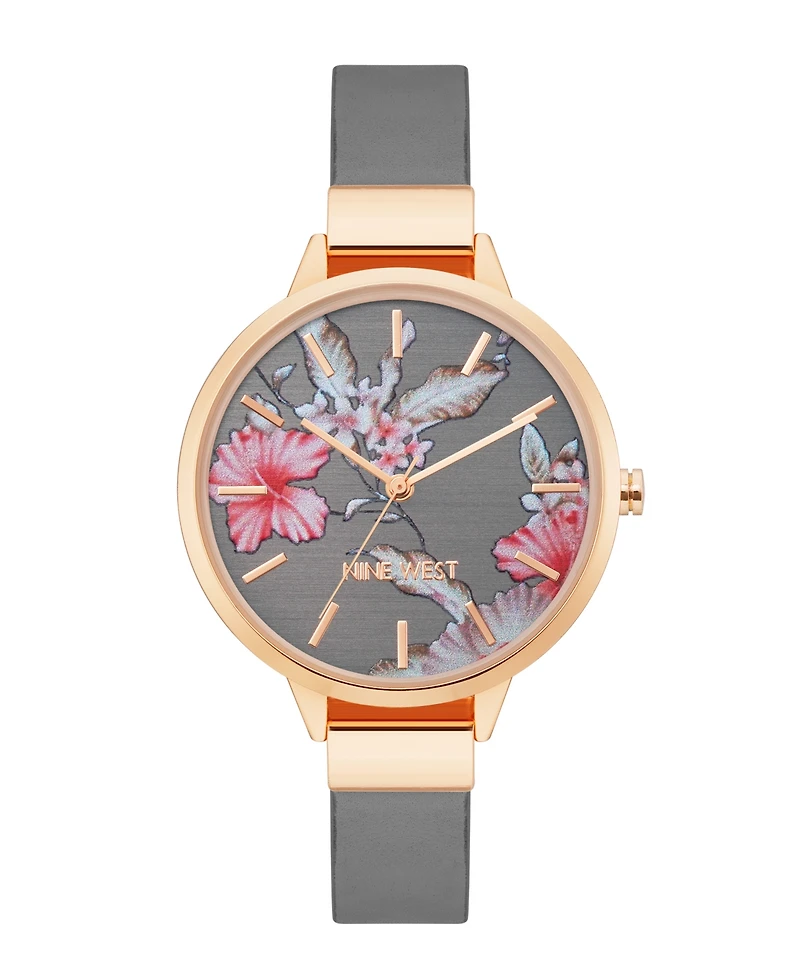 Nine West Women's Quartz Gray Faux Leather Band and Floral Pattern Watch, 38mm