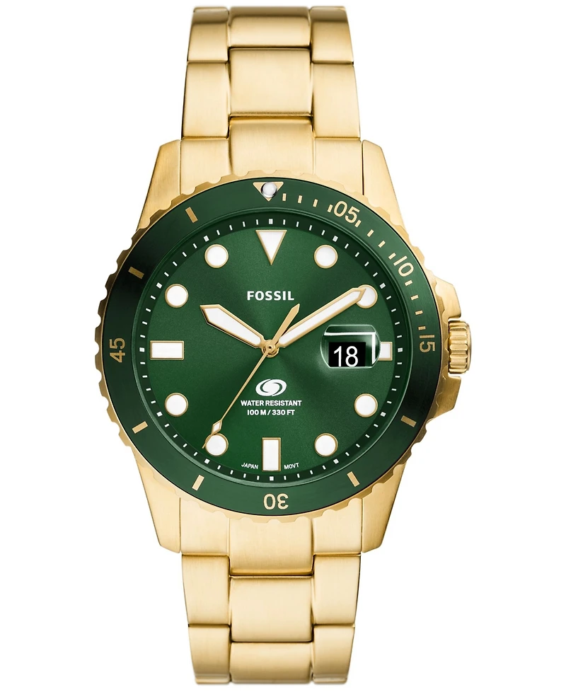 Fossil Men's Blue Dive Three-Hand Date Gold-Tone Stainless Steel Watch 42mm