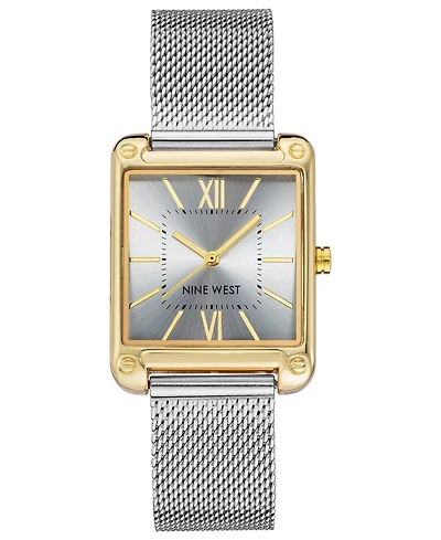 Nine West Women's Quartz Rectangular Silver-Tone Stainless Steel Mesh Band Watch