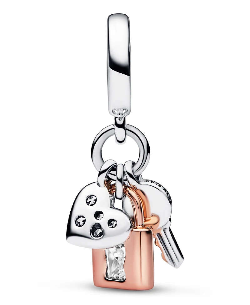 Pandora Cubic Zirconia Two-Tone Key, Padlock Heart Triple Dangle Charm