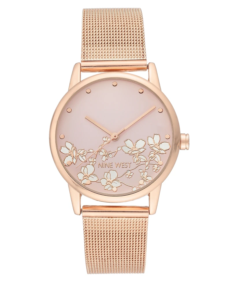 Nine West Women's Quartz Rose Gold-Tone Stainless Steel Mesh Band and Flower Pattern Watch, 35mm