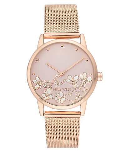 Nine West Women's Quartz Rose Gold-Tone Stainless Steel Mesh Band and Flower Pattern Watch, 35mm
