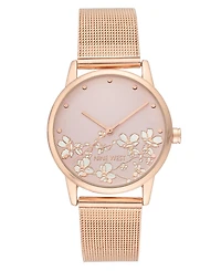 Nine West Women's Quartz Rose Gold-Tone Stainless Steel Mesh Band and Flower Pattern Watch, 35mm