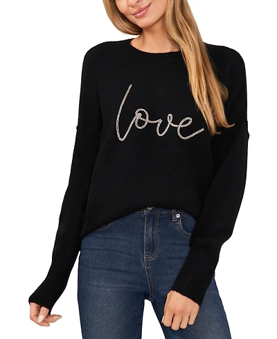 CeCe Women's Beaded Love Script Crewneck Long-Sleeve Sweater