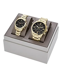 Fossil His and Her Chronograph Gold-Tone Stainless Steel Watch Gift Set, 36mm 48mm