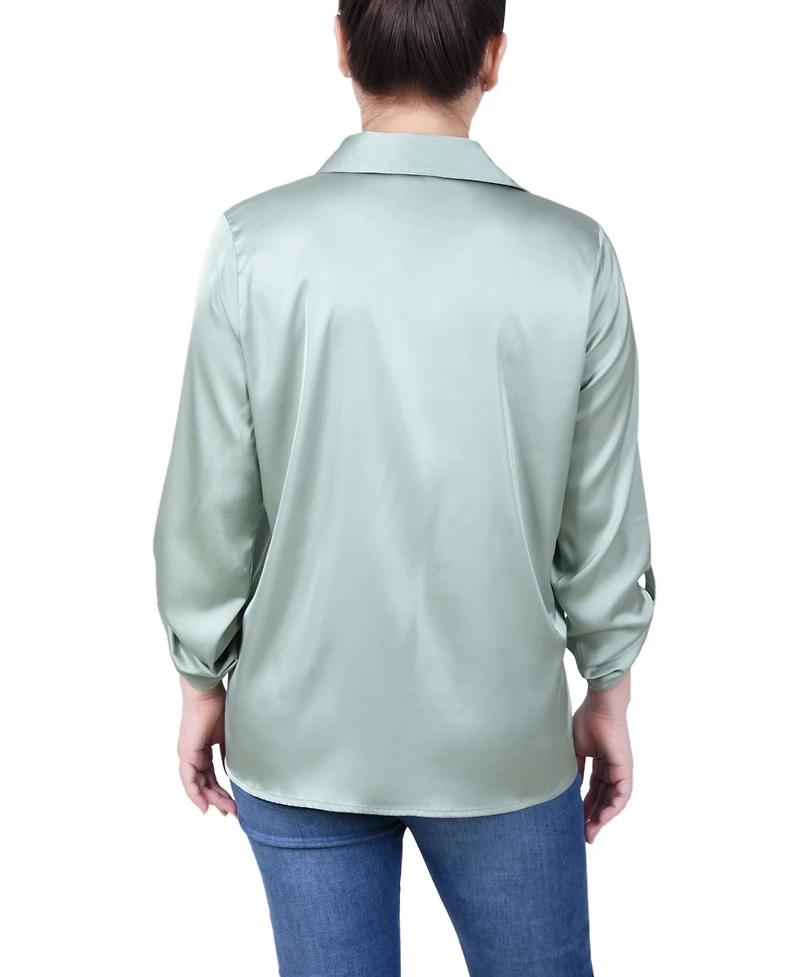 Ny Collection Women's 3/4 Sleeve Roll Tab Satin Blouse